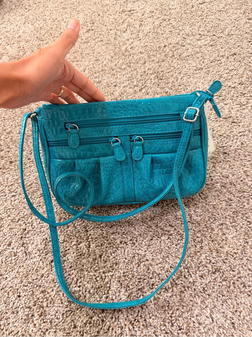 Laura Scott Teal Croc-Embossed Crossbody Bag